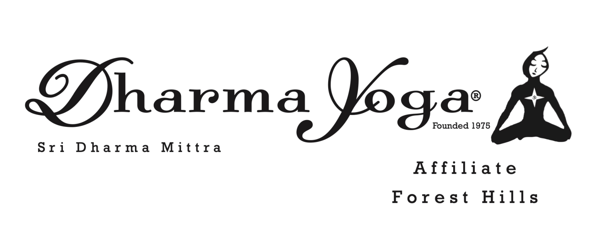 Dharma Yoga in script font along with an icon of a seated figure meditating. The words "Sri Dharma Mittra" and "Affiliate Forest Hills" appear underneath.